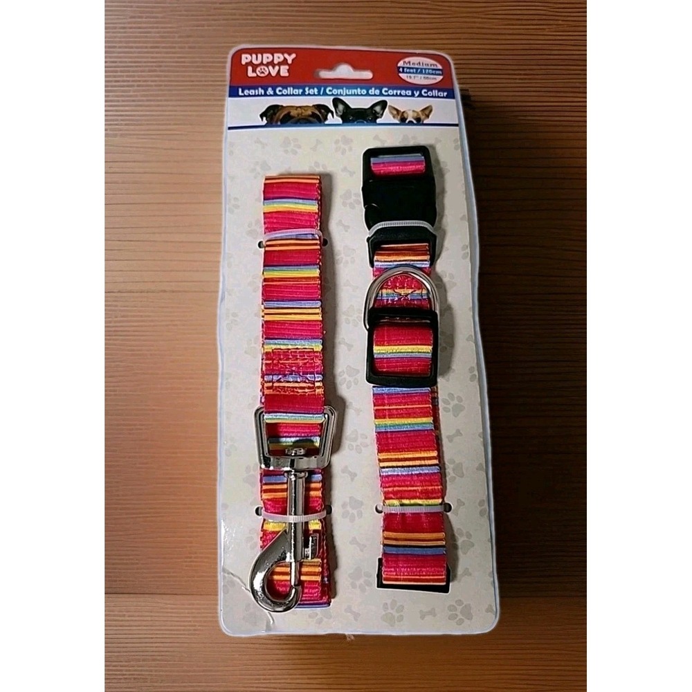New PUPPY LOVE Dog 19" Collar & 4 Ft Leash Set Medium Adjusts Nylon Pink Stripe